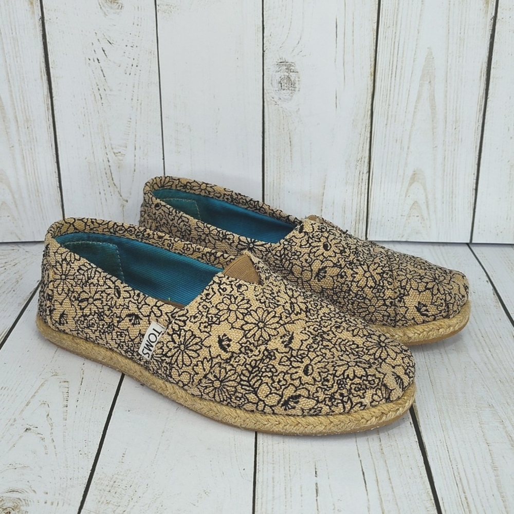 Toms Tan Floral Espadrille Slip-Ons with Teal Lining